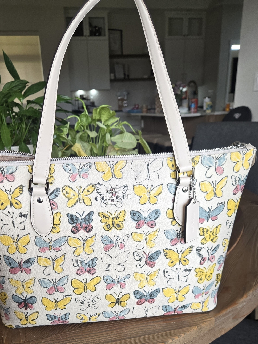 Coach White Canvas Tote with Yellow, Blue & Pink Butterfly Print